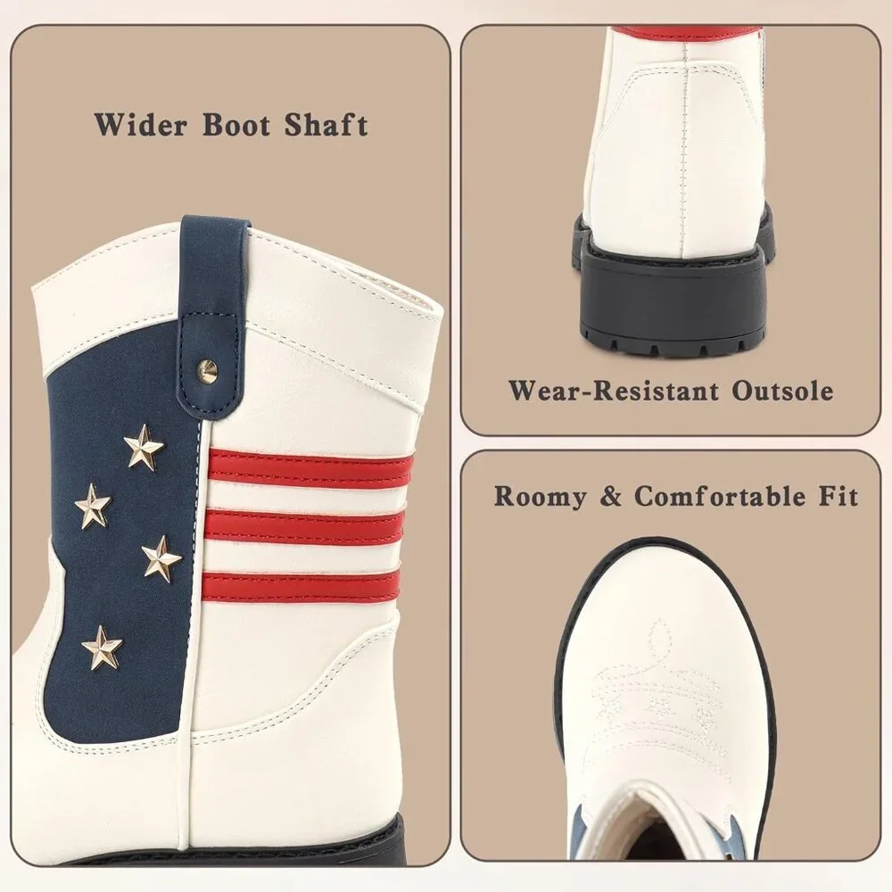 ⚡Girls White Synthetic Side Zipper Wide Calf Square Toe Kids Cowgirl Boots